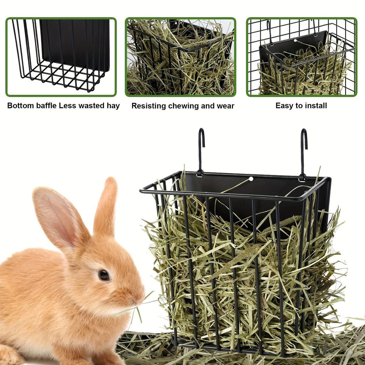 Rabbit Hay Feeder with Hanging Metal Rack, Black Powder-Coated No-Drill Cage Organizer for Guinea Pigs and Chinchillas, Space-Saving Hay Basket