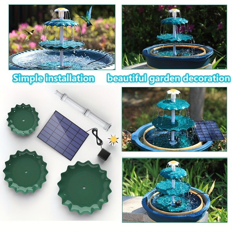 Solar Bird Bath Fountain 3.5W in Dark Green, Three-Layer Flowing Water Feature with Detachable Design for Outdoor Garden, Patio and Backyard Decoration