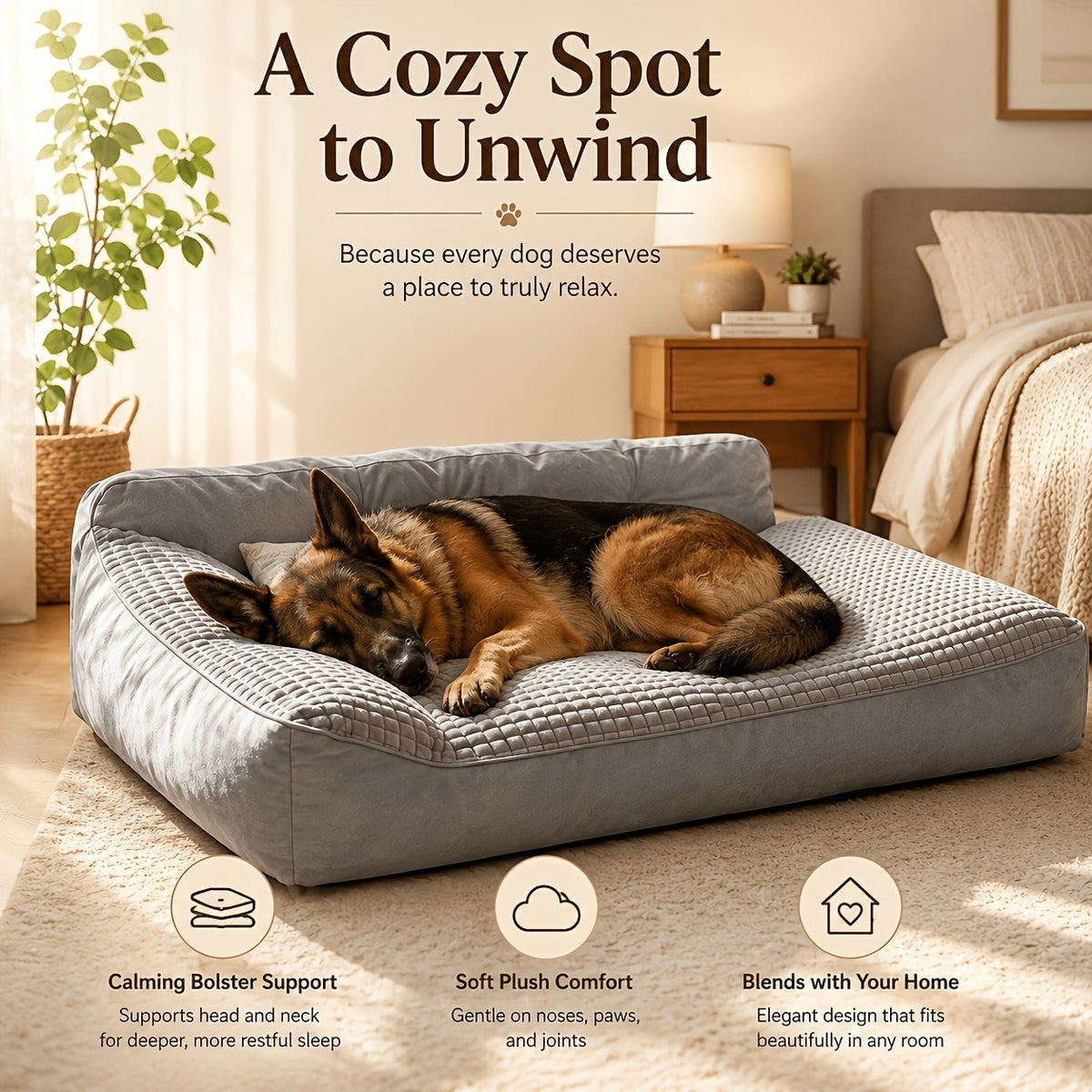High Back Dog Sofa Bed with Plush Textured Cushion, Blue and Gray Bolster Pet Couch in Four Sizes for Small to Large Dogs and Cozy Indoor Rest