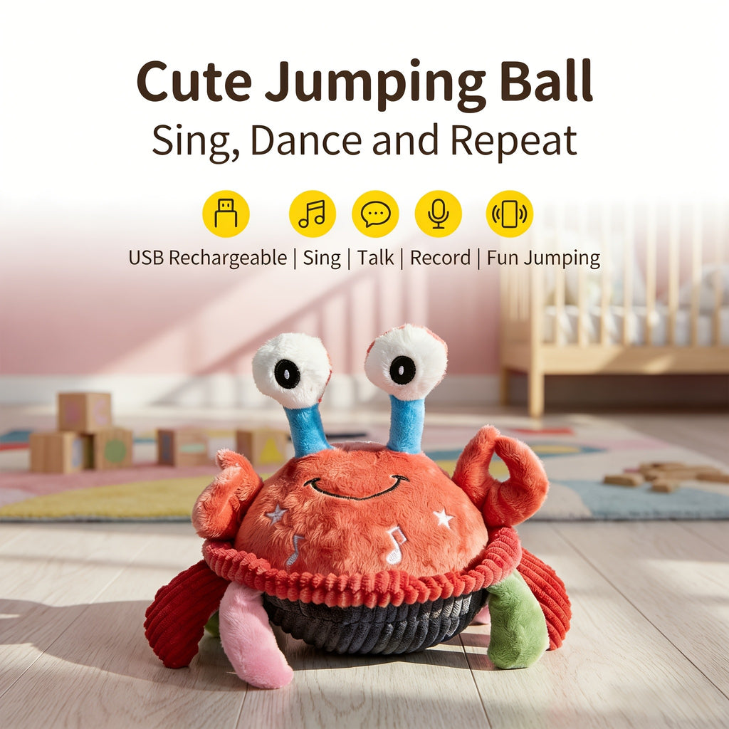 Interactive Plush Dog Toy with Bouncing Ball and Sound, USB Rechargeable Cartoon Animal Pet Toy for Supervised Indoor Chase and Play