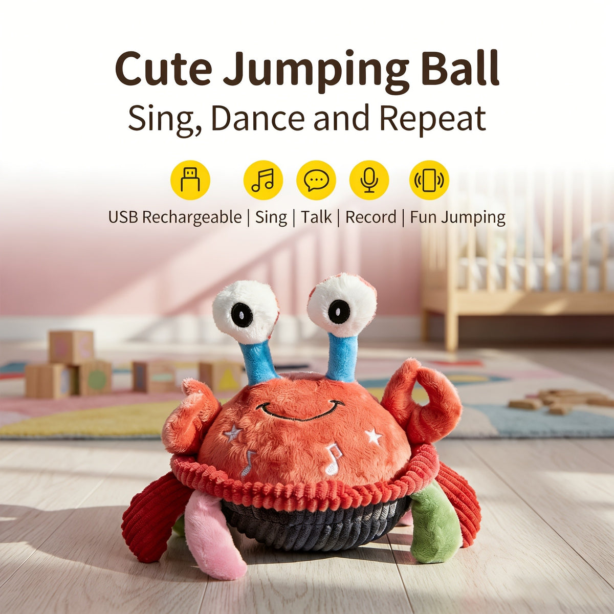 Interactive Plush Dog Toy with Bouncing Ball and Sound, USB Rechargeable Cartoon Animal Pet Toy for Supervised Indoor Chase and Play