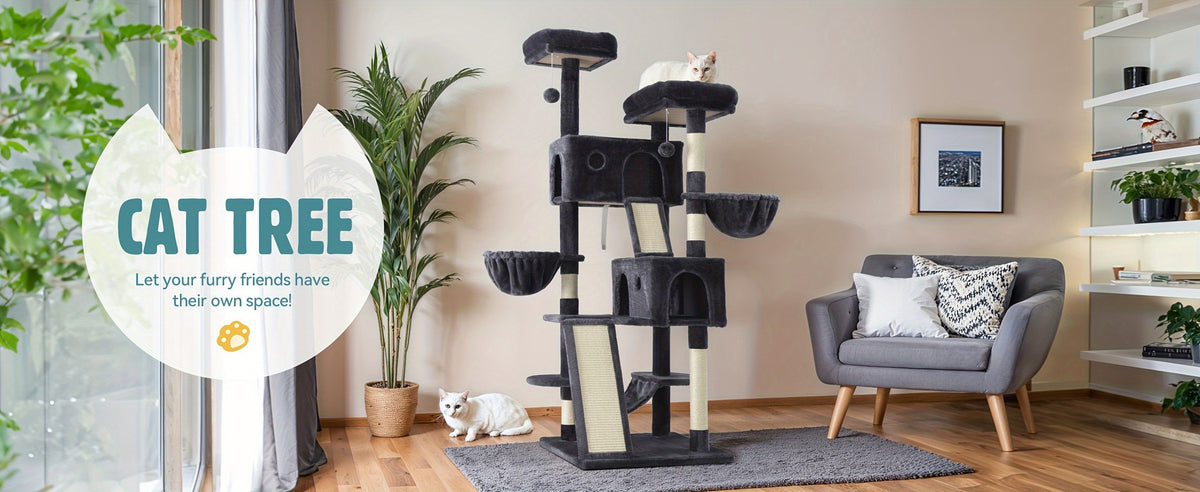 65 Inch Cat Tree Tower for Indoor Cats, Multi-Level Plush Cat Condo with Basket Beds, Hammock, Sisal Scratching Posts and Wide Base, Six Color Options