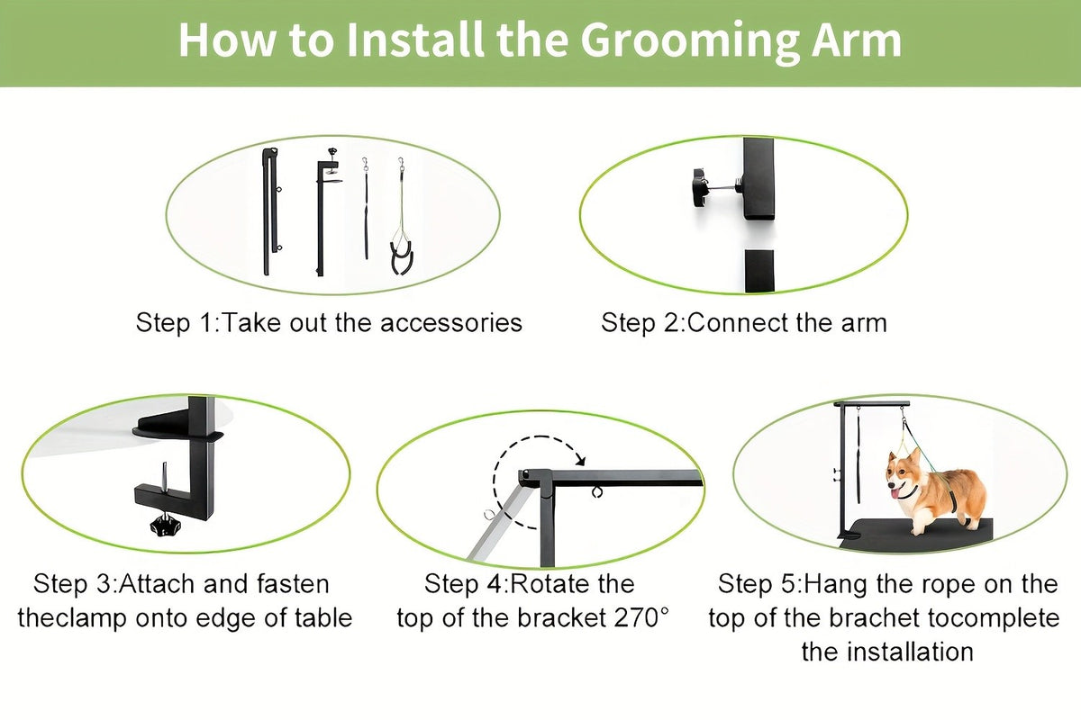 Dog Grooming Table Arm, Black Foldable Pet Grooming Stand with Adjustable Table Clamp and Restraint Loops for Small and Medium Dogs, Table Not Included