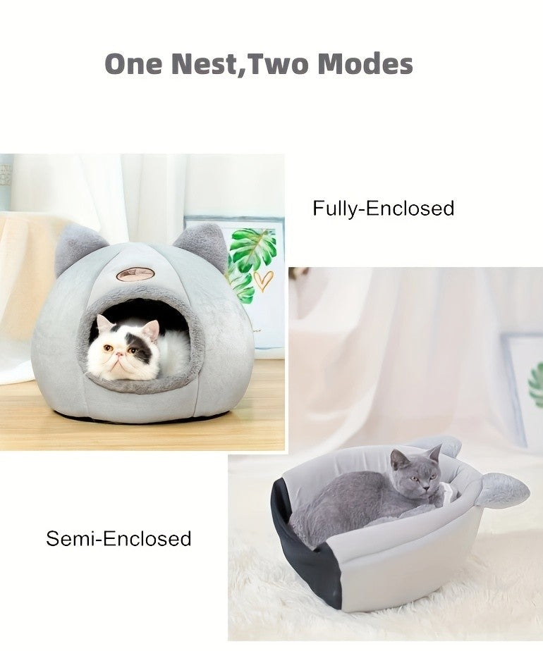 Cat Cave Bed with Cute Cat Ears for Indoor Cats and Kittens, Gray Enclosed Sleeping House with Rounded Entrance for Quiet Naps