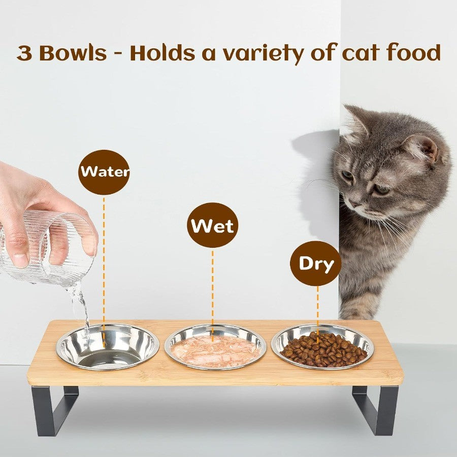 Cat Feeding Station with 3 Stainless Steel Bowls, 15° Tilted Elevated Wooden Rack for Indoor Cat Food and Water, Easy-Clean Dining Set