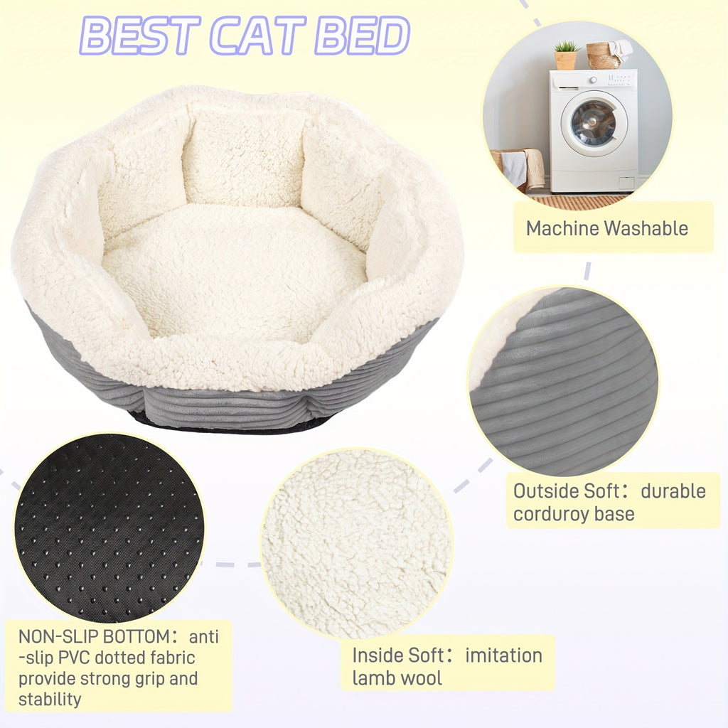 Machine Washable Pet Bed for Cats and Dogs, Thick Plush Winter Sleeping Cushion with Non-Slip Base, Pink or Gray in Round and Rectangle Options