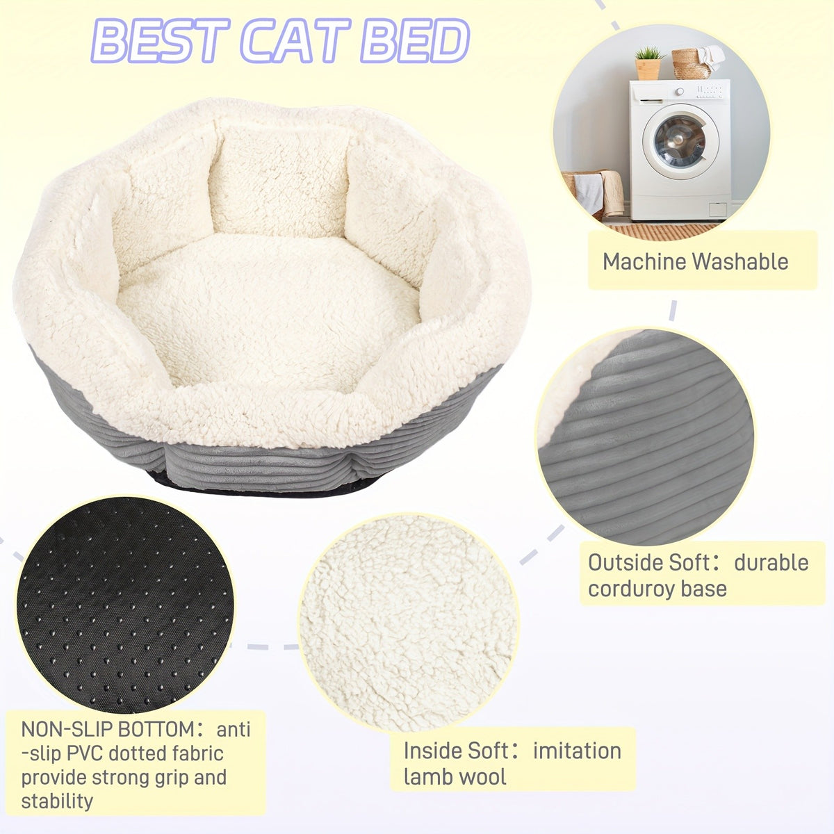 Machine Washable Pet Bed for Cats and Dogs, Thick Plush Winter Sleeping Cushion with Non-Slip Base, Pink or Gray in Round and Rectangle Options