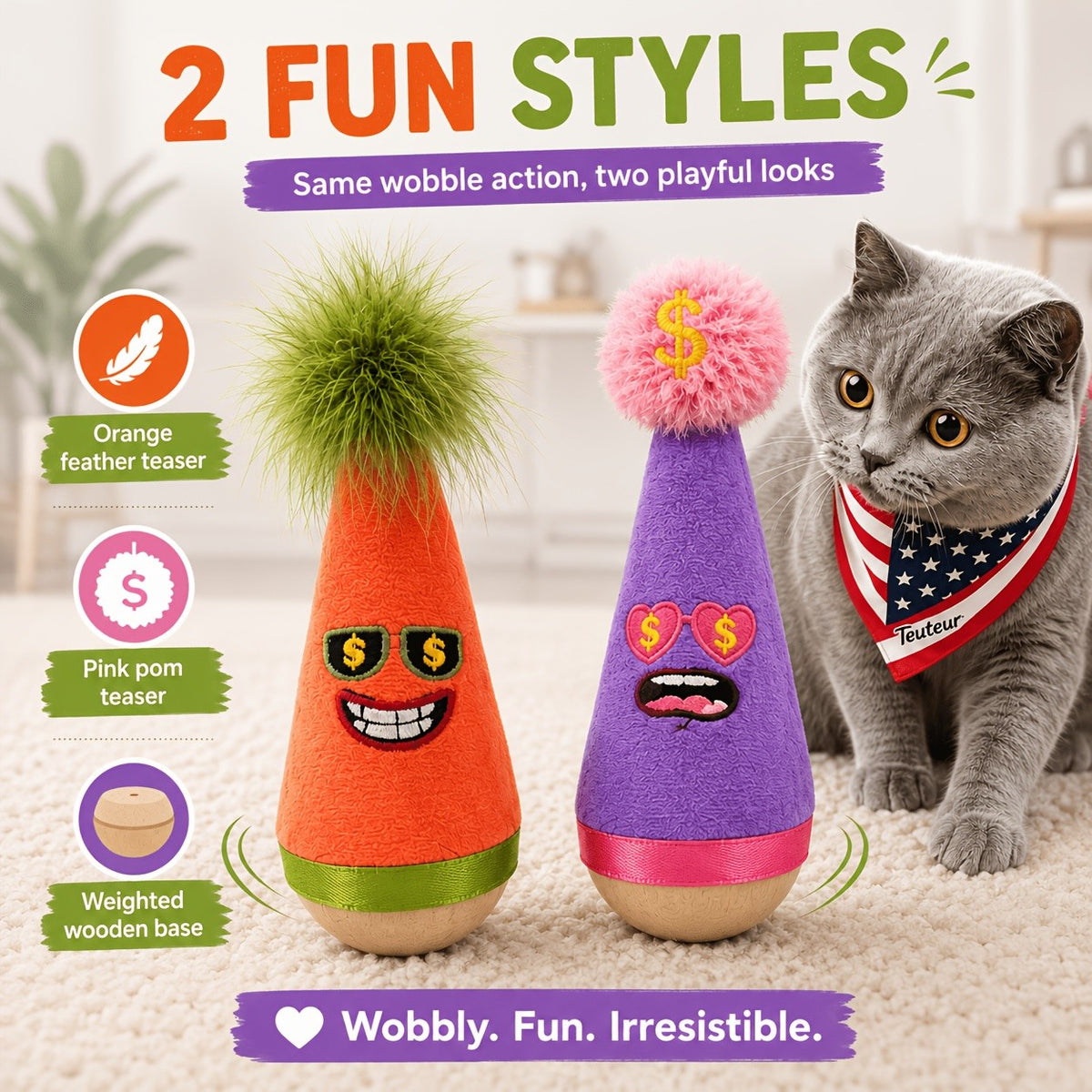Cat Wobble Feather Toy with Cat Mint Powder, Interactive Hunting and Chasing Teaser for Indoor Kittens and Adult Cats, Purple or Red Styles