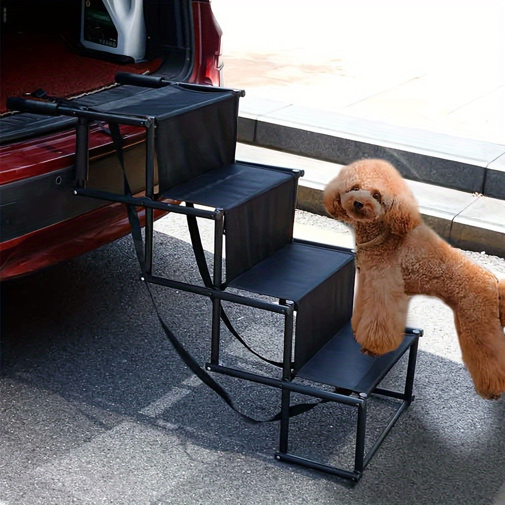 Folding Dog Car Stairs with Non-Slip Steps, Collapsible Pet Access Ladder with Attachment Strap for Cars, SUVs and Trucks, Black Upgrade Model