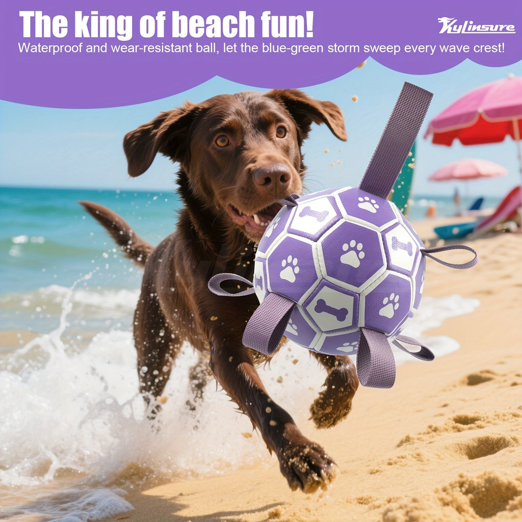 Dog Fetch Ball with Grab Straps, Purple and Gray Paw and Bone Soccer-Style Toy with Pump for Supervised Tug Games, Outdoor Play and Dog Birthday Gifts
