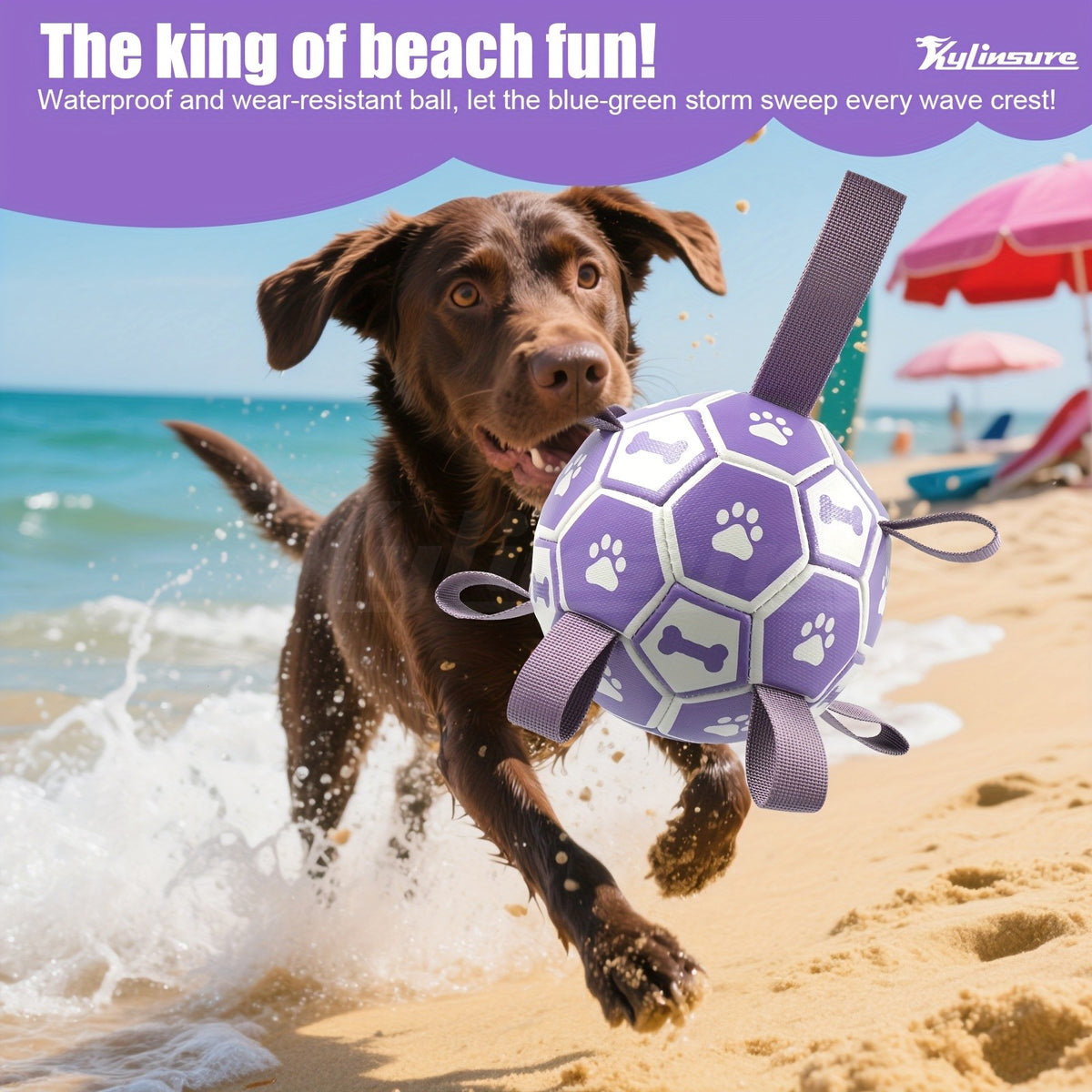 Dog Fetch Ball with Grab Straps, Purple and Gray Paw and Bone Soccer-Style Toy with Pump for Supervised Tug Games, Outdoor Play and Dog Birthday Gifts