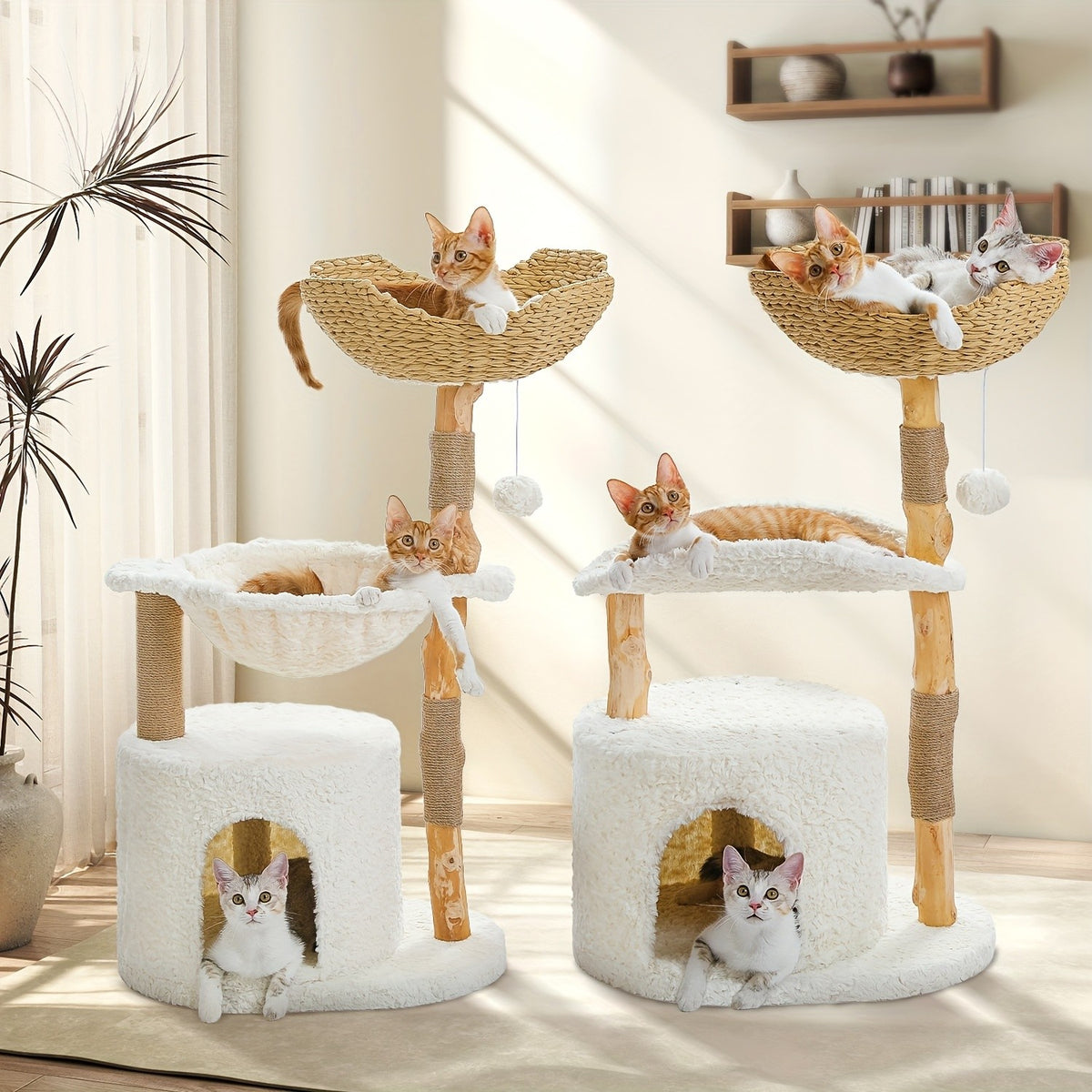 Flower Cat Tree with Floral Perches and Scratching Posts, Wooden Bohemian Indoor Cat Tower Furniture in White and Brown Style Options