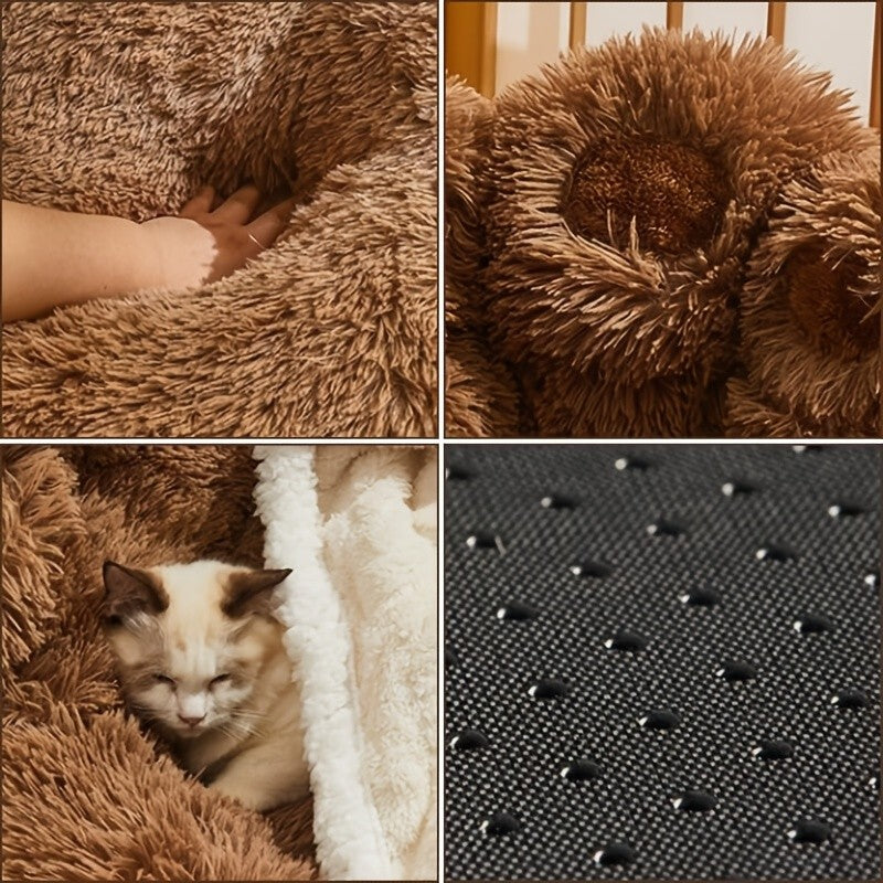 Plush Dog Bed with Bear Paw Shape, Soft Faux Fur Cat Sleeping Cushion with Non-Slip Bottom, Coffee Pink or Gray for Pets up to 30 lbs