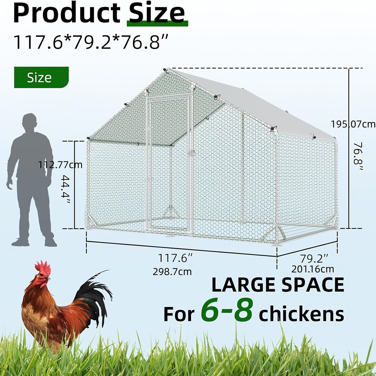 Chicken Run with UV Cover, Metal Walk-In Poultry Enclosure with Door for Backyard Hens, Outdoor Flock Care and Garden Setups, Three Size Options
