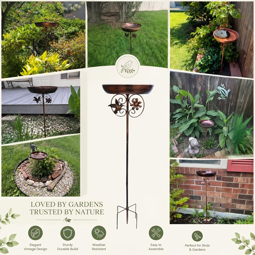 Sunflower Metal Bird Bath and Feeder with 5-Prong Ground Stake, Bronze Garden Basin with Hummingbird Accent, Single or Double-Layer Options, No Fountain