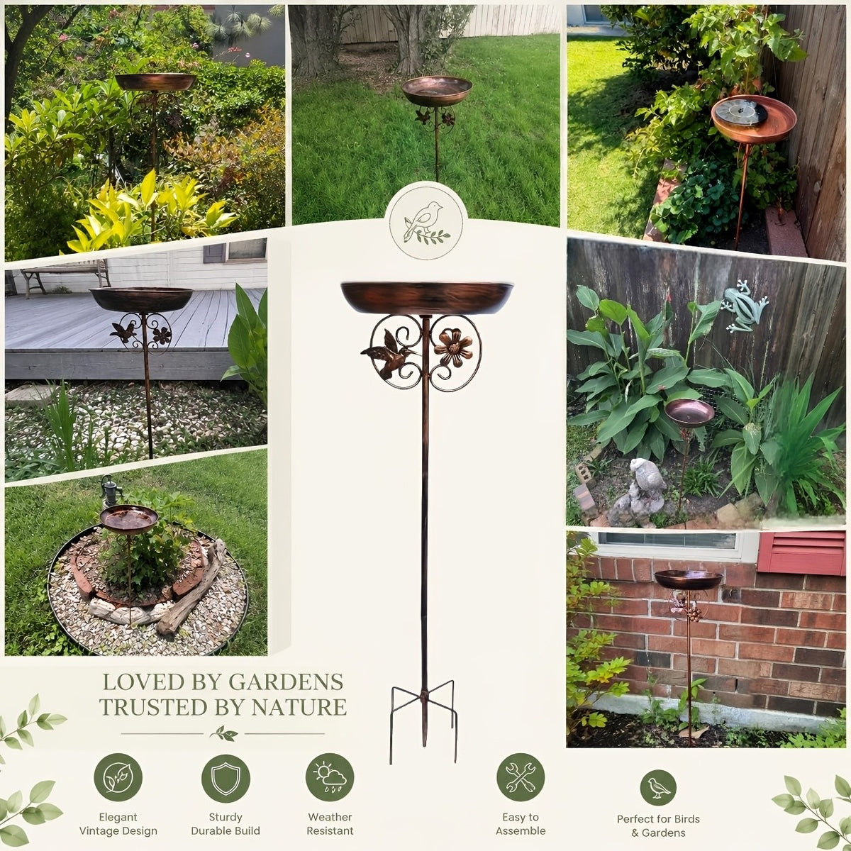 Sunflower Metal Bird Bath and Feeder with 5-Prong Ground Stake, Bronze Garden Basin with Hummingbird Accent, Single or Double-Layer Options, No Fountain