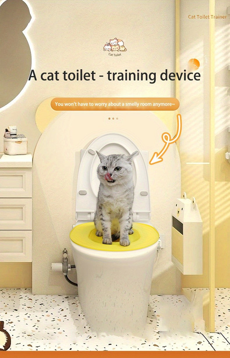 Cat Toilet Training Seat with Oval Design, Easy-Clean Bathroom Training Tray in Pink, Blue or Yellow with Two Toilet Stickers per Selected Color Option