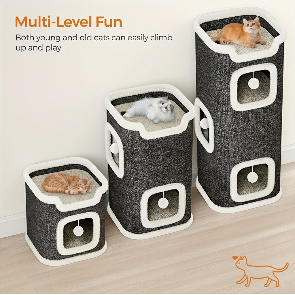 Cat Condo Tower with Foldable Design, Gray Indoor Cat Hideaway with Top Lounge, Detachable Panels and Scratching Surface, DC 13IN or 23IN-M Options