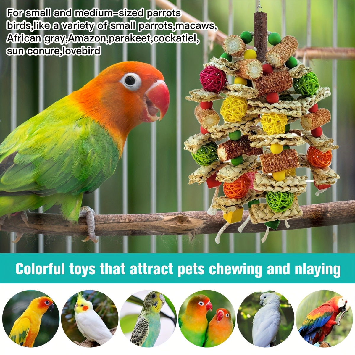 Bird Chew Toys with Natural Corn Cobs, Wooden Blocks and Rattan Balls for Parrot Enrichment, Supervised Cage and Aviary Play, 400g Option