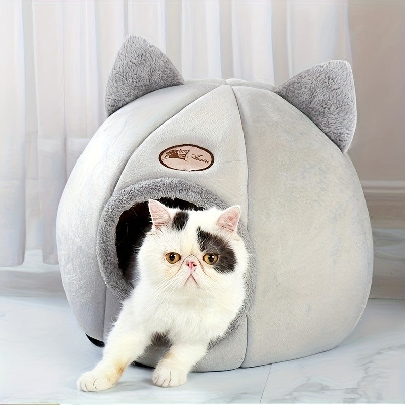 Cat Cave Bed with Cute Cat Ears for Indoor Cats and Kittens, Gray Enclosed Sleeping House with Rounded Entrance for Quiet Naps