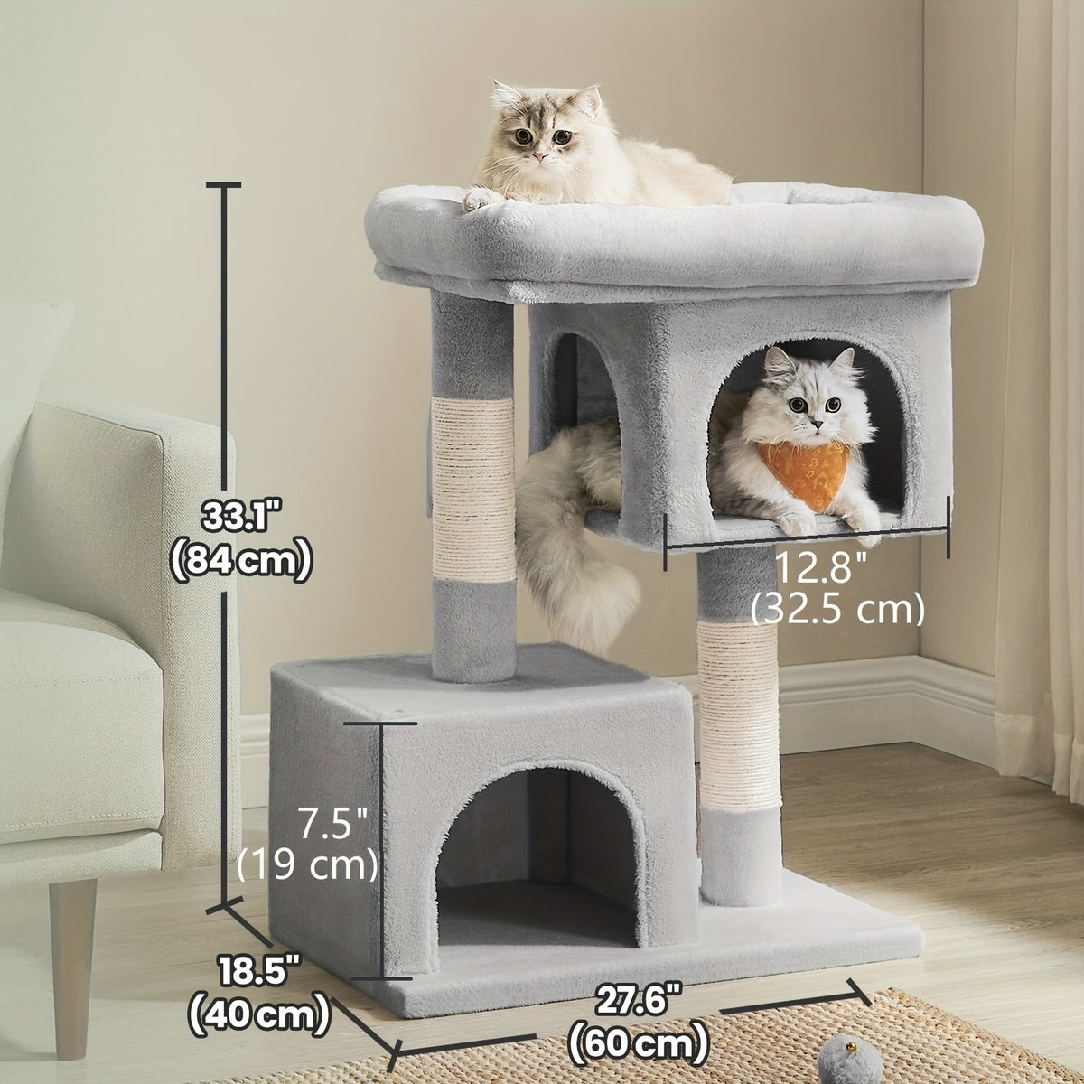 Cat Tower with Two Caves, 33.1 Inch Indoor Cat Condo with Large Perch and Scratching Post for Cats up to 16 lb, Three Neutral Color Options