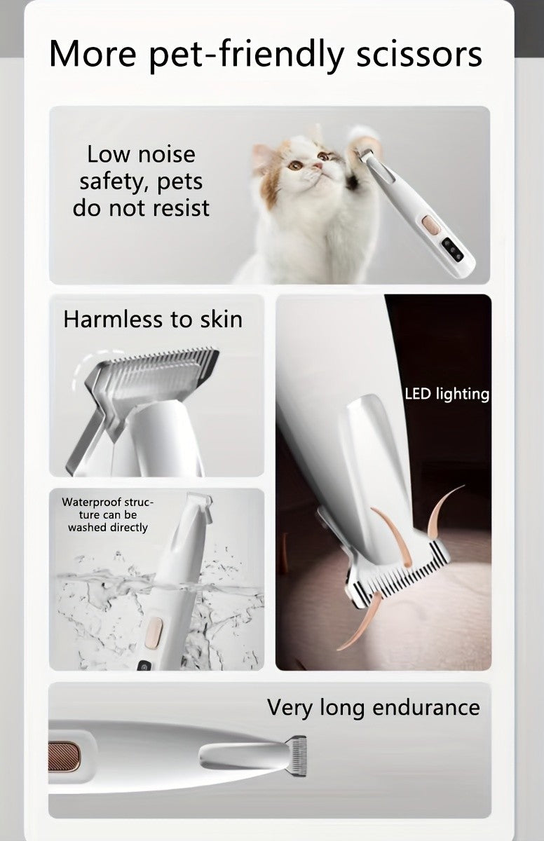 Low-Noise Pet Hair Clippers with LED Light, 4-Piece Cat and Small Dog Grooming Kit with USB Cable, Cleaning Brush and Bell for Home Trimming