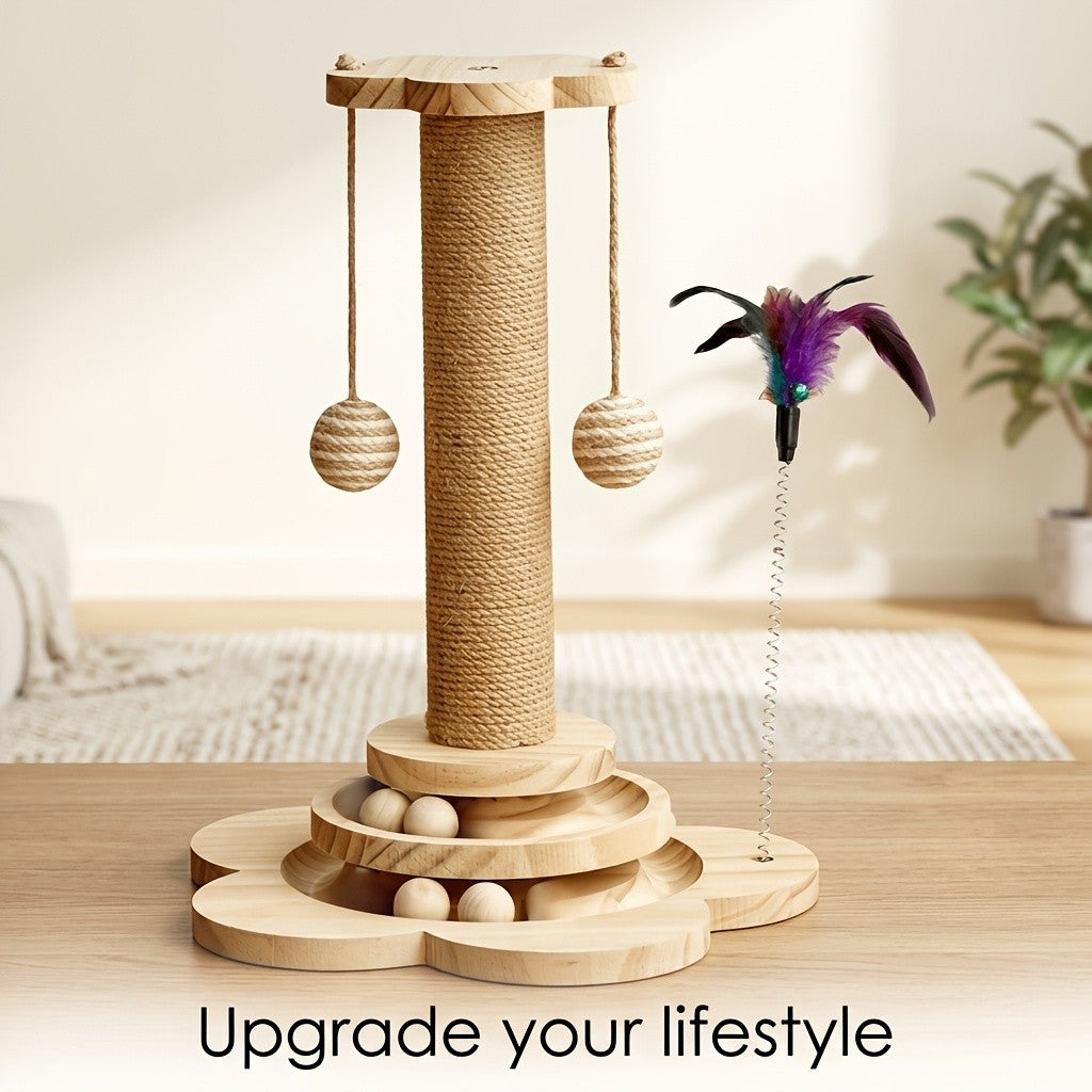 Kitten Scratching Post with Wooden Ball Track, Rope-Wrapped Indoor Cat Activity Toy with Hanging Balls and Feather Teaser, Post and DIY Accessory Options