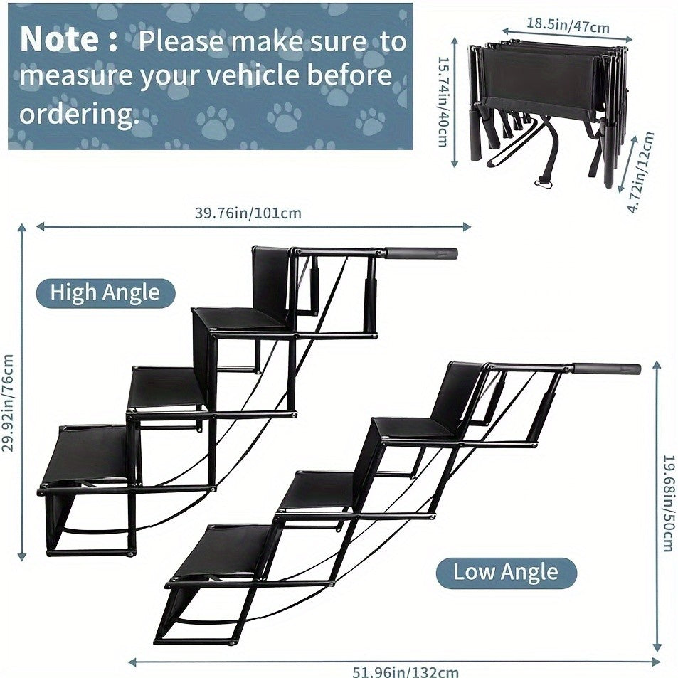 Folding Dog Car Stairs with Non-Slip Steps, Collapsible Pet Access Ladder with Attachment Strap for Cars, SUVs and Trucks, Black Upgrade Model