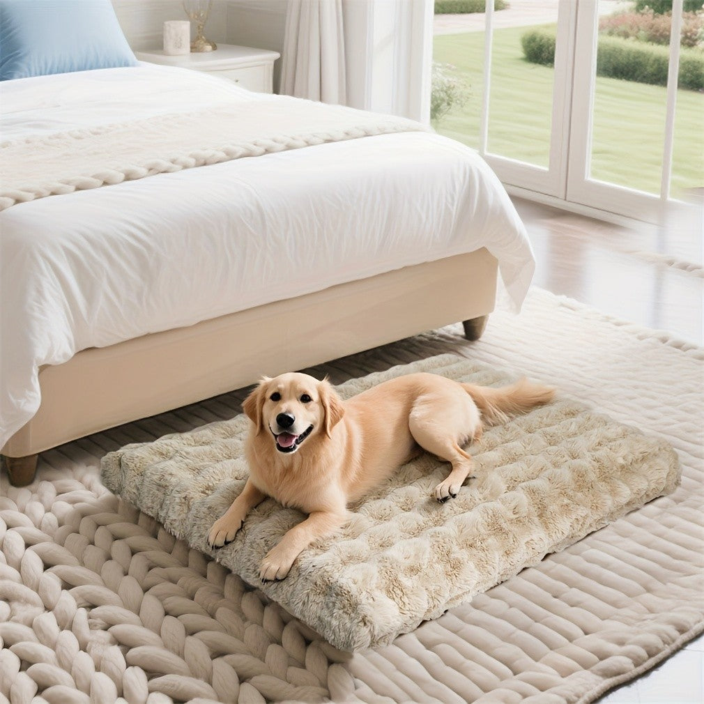 Foam Dog Bed with Waffle-Textured Removable Cover, Polyester Pet Crate Mat in Medium to 3XL Sizes for Indoor Rest, Grey or Khaki and Beige