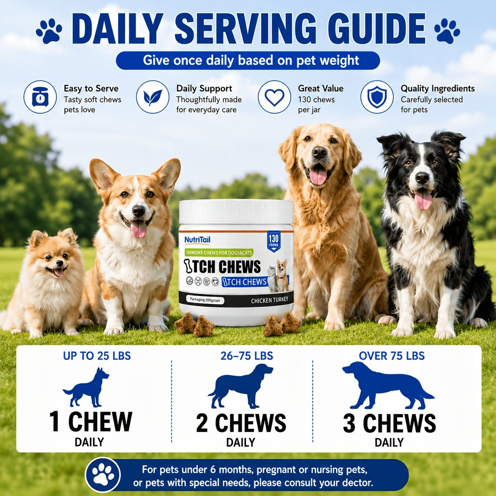 Pet Skin Care Chews for Dogs and Cats, NutriTail 200g Skin Chews with 130-Count Labeling, Probiotic and Quiet Moment Options for Daily Care