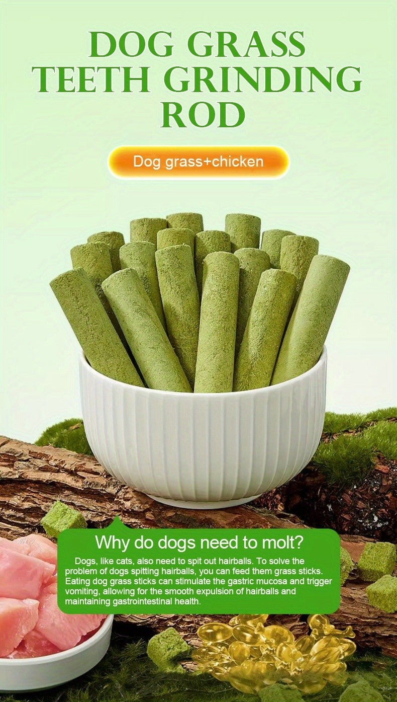 Dog Grass Snack Sticks 15 Count, Green Rod-Shaped Chew Treats for Supervised Reward Time, Everyday Snacking and Dog Lover Gift Baskets