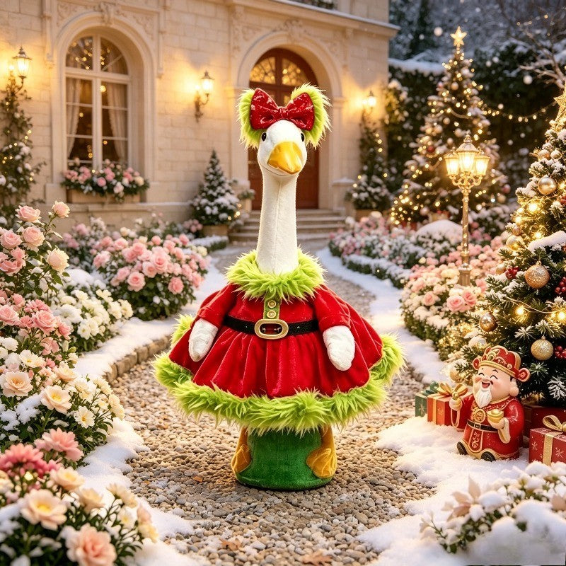 Red Sequin Bow Porch Goose Costume for 23-Inch Decorative Goose, Christmas Holiday Outfit with Green Plush Detail for Seasonal Entryway Decor