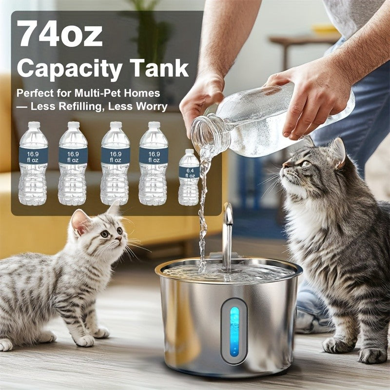 Filtered Cat Water Fountain 74.39oz, Stainless Steel Automatic Pet Drinking Dispenser with Quiet Pump for Cats and Dogs, Three Style Options