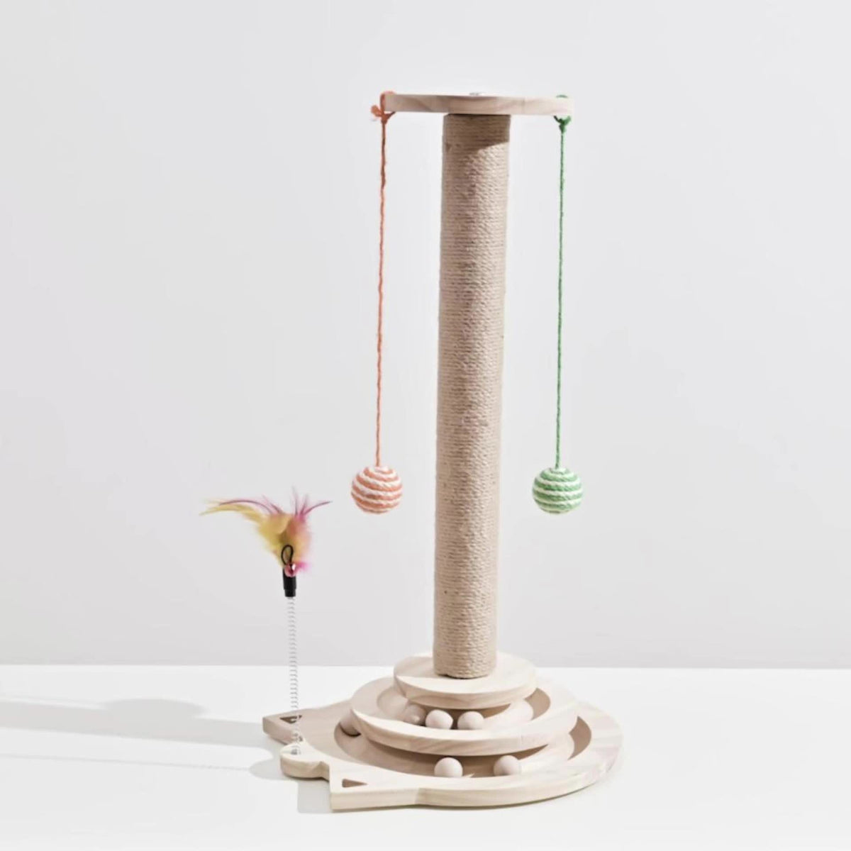 Interactive Cat Scratching Post with Double-Layer Ball Track and Feather Toys, M L XL Cat Scratcher and Replacement Pillar Options for Indoor Cats