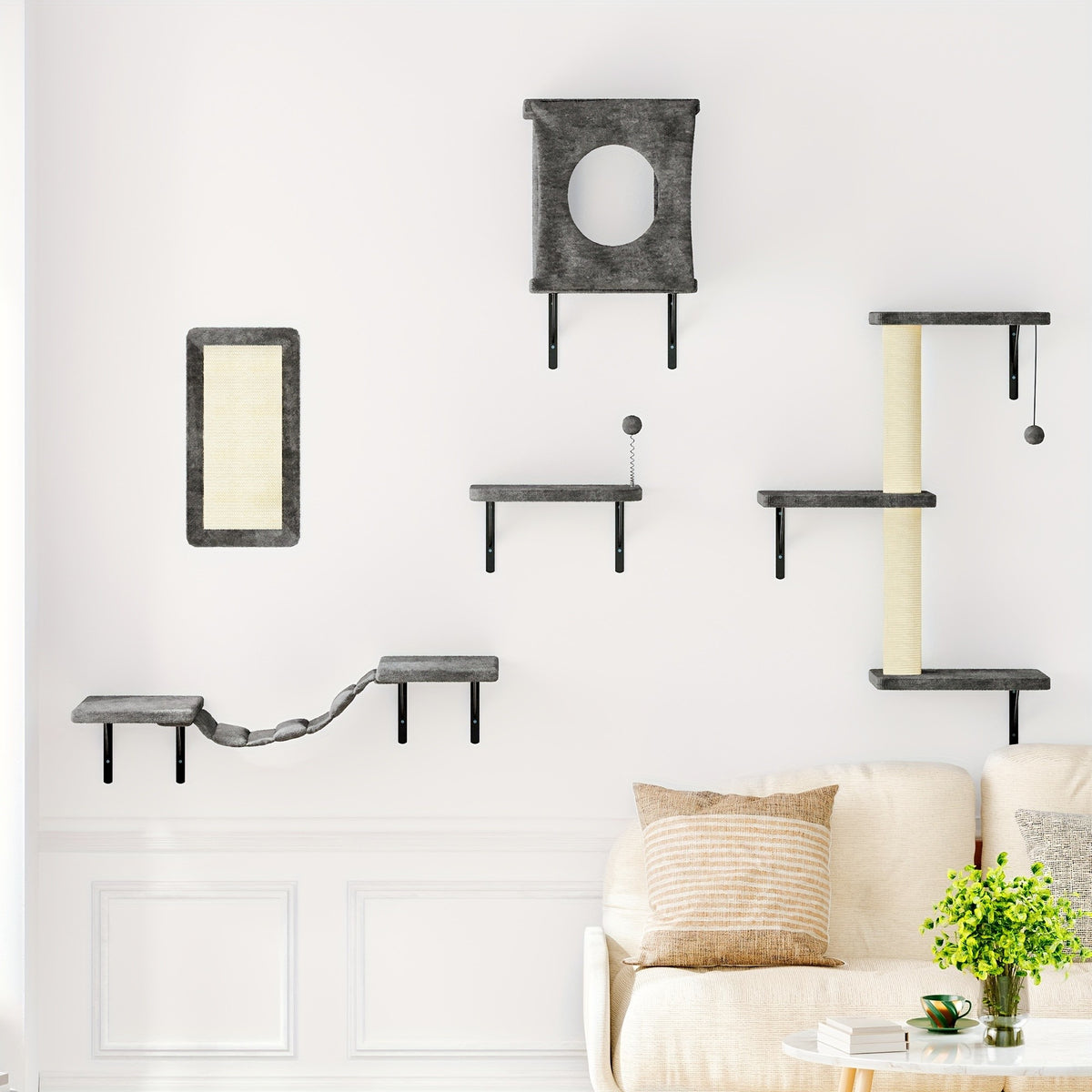 5-Piece Cat Wall Shelves Set with House, Bridge Hammock, Scratching Post and Pad, Wall-Mounted Indoor Climbing Furniture in Grey or Beige