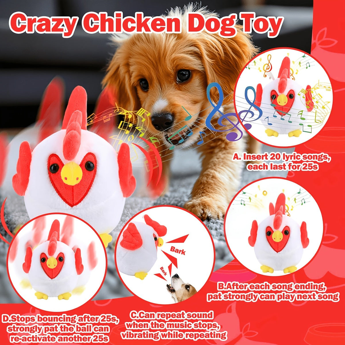 Interactive Plush Dog Toy with Bouncing Ball and Sound, USB Rechargeable Cartoon Animal Pet Toy for Supervised Indoor Chase and Play