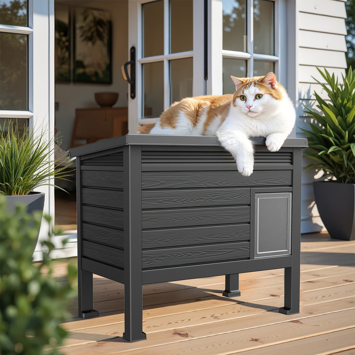 Elevated Cat House with Opening Roof, Black Raised Pet Shelter with Ventilation and Access Door for Covered Porches and Backyard Resting Areas