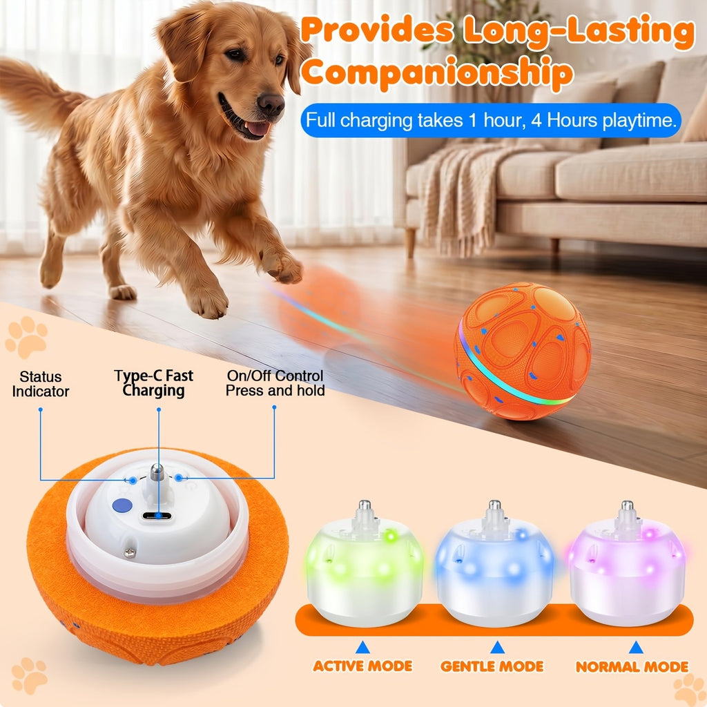 Rolling and Jumping Dog Ball with Colorful Lights, Rechargeable Interactive Chase Toy with Charging Cable for Supervised Indoor and Lawn Play