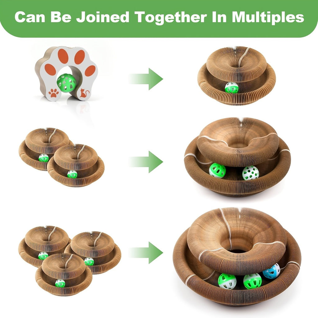 Expandable Cat Scratcher Toy 2-Pack, Curly Corrugated Cardboard Scratching Board with Ball for Indoor Cats, Retractable Scratch Pad for Daily Play