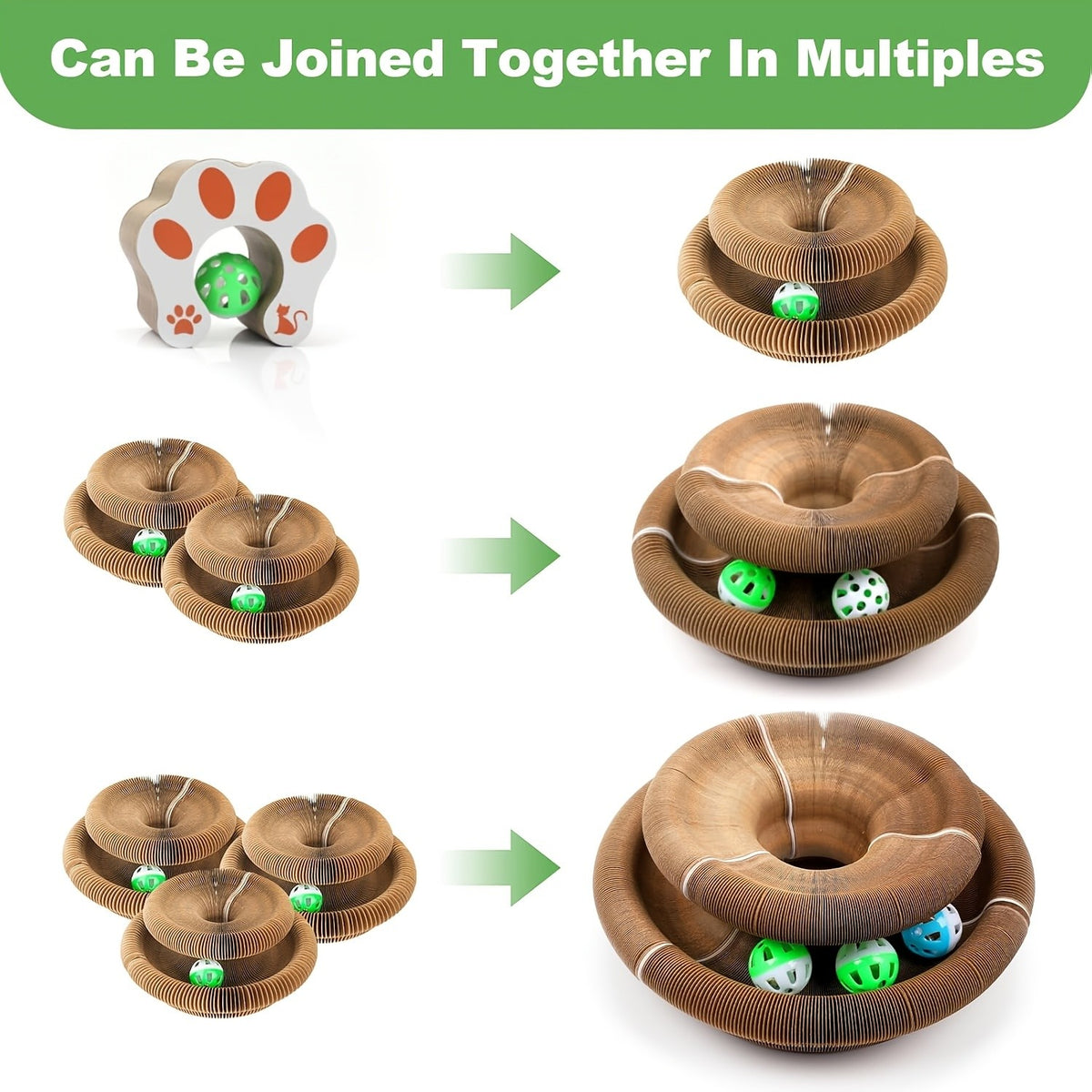 Expandable Cat Scratcher Toy 2-Pack, Curly Corrugated Cardboard Scratching Board with Ball for Indoor Cats, Retractable Scratch Pad for Daily Play