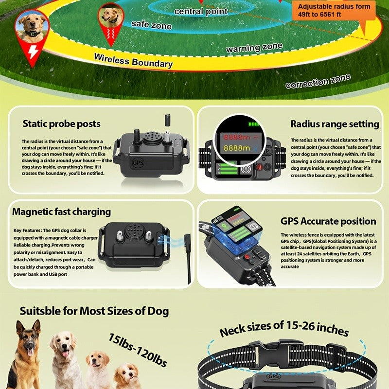 GPS Dog Fence System with No Subscription, Rechargeable Wireless Boundary Collar with 3 Training Modes for Medium and Large Dogs, Black or Orange