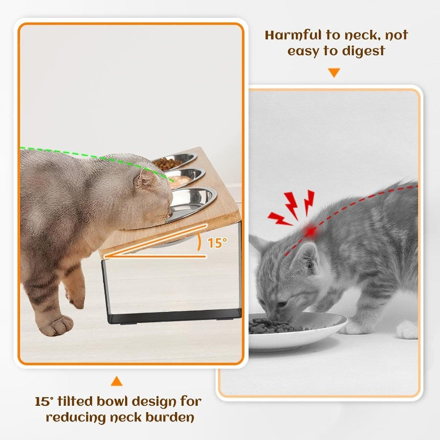 Cat Feeding Station with 3 Stainless Steel Bowls, 15° Tilted Elevated Wooden Rack for Indoor Cat Food and Water, Easy-Clean Dining Set