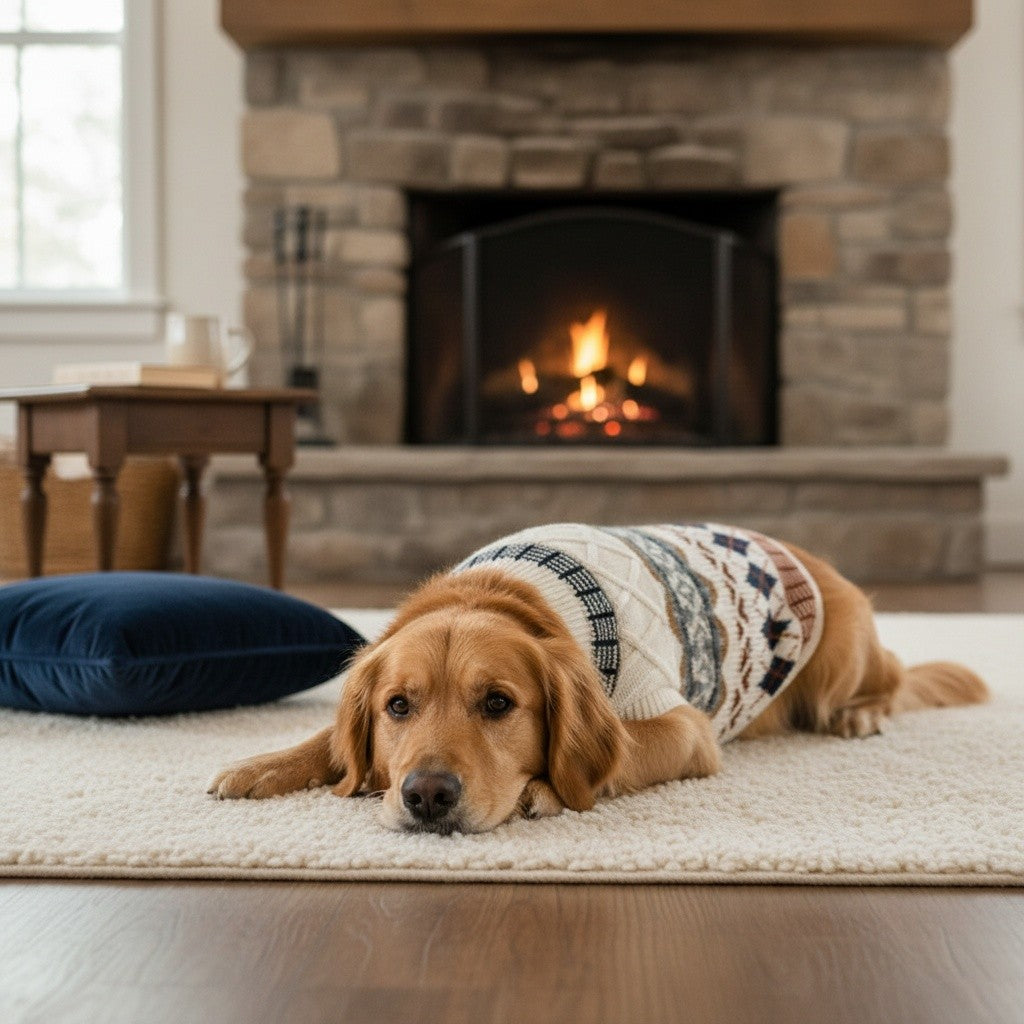 Fair Isle Dog Sweater, Cable Knit Turtleneck Winter Pullover in Beige or Blue, XS-XL Pet Clothing for Cozy Indoor Wear and Cool Weather Walks