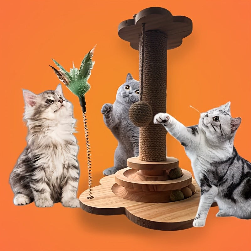 Sisal Cat Scratching Post with Clown Hat Design, Vertical Indoor Cat Scratcher with Random-Color Teaser Stick in Green or Dark Green