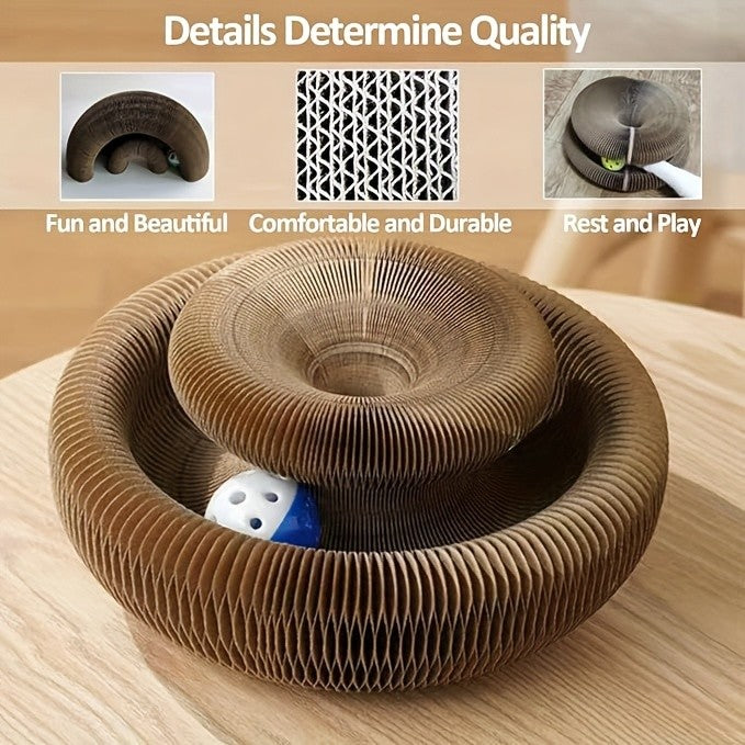 Flower Cat Scratcher Toy with Magnetic Accordion Design, Foldable Corrugated Cardboard Scratching Surface and Bell Ball for Indoor Cat Play