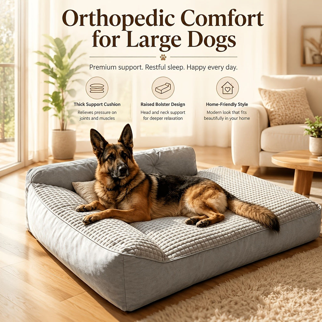 High Back Dog Sofa Bed with Plush Textured Cushion, Blue and Gray Bolster Pet Couch in Four Sizes for Small to Large Dogs and Cozy Indoor Rest