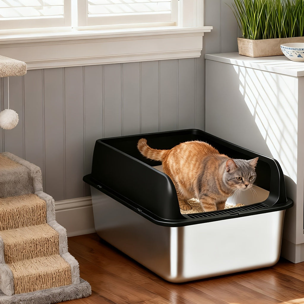 High-Sided Stainless Steel Cat Litter Box with Snap-Lock Design, Easy-Clean Metal Litter Tray for Indoor Cats, Black and Gray Options