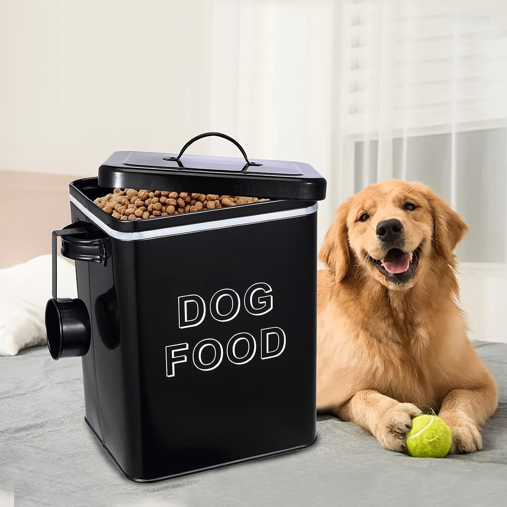 Dog Food Storage Canister with Scoop and Lid, Square Metal Farmhouse Container for Dry Pet Food, Treats and Kitchen Countertop Organization