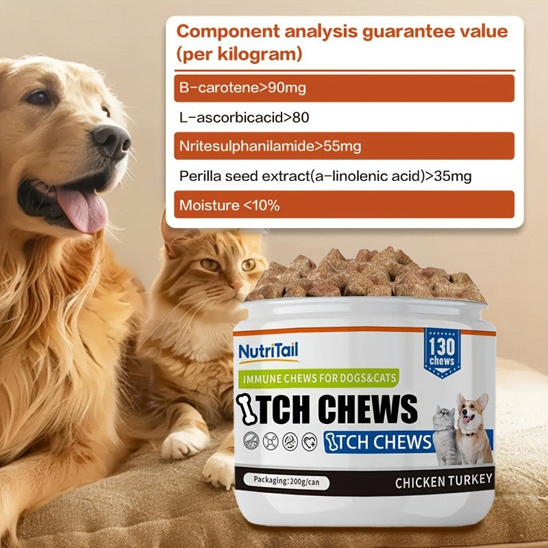 Pet Skin Care Chews for Dogs and Cats, NutriTail 200g Skin Chews with 130-Count Labeling, Probiotic and Quiet Moment Options for Daily Care
