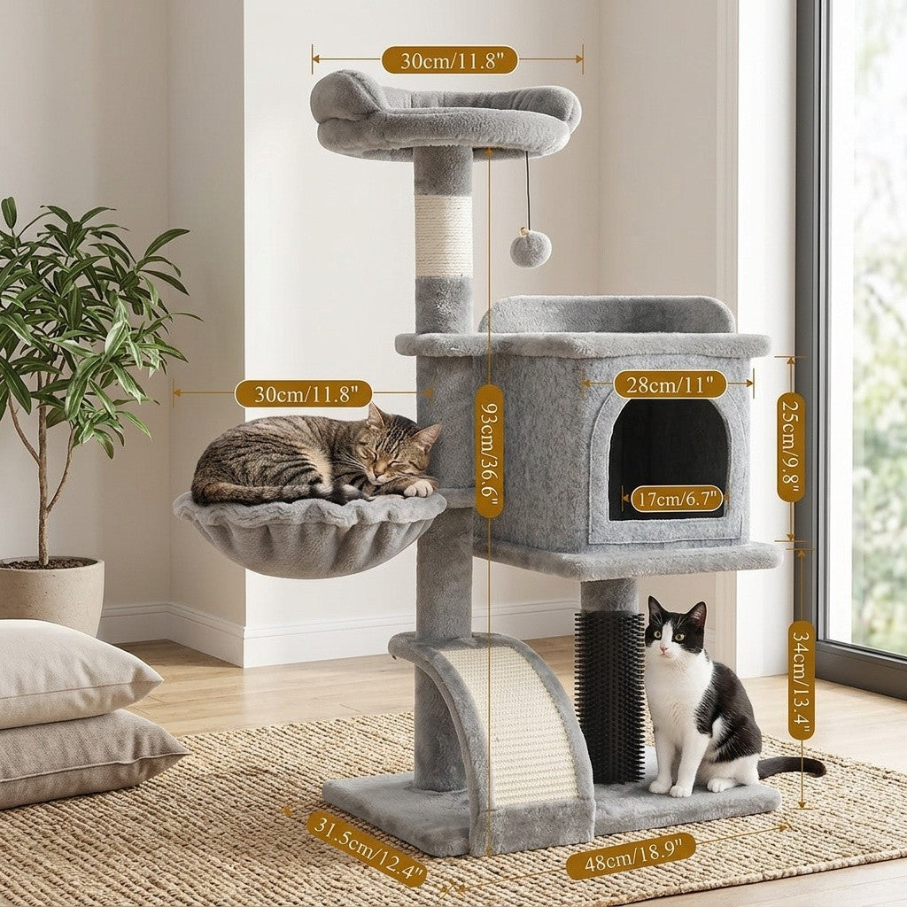 Cat Tree 36.6 Inch with Hammock and Plush Perch, Multi-Level Indoor Cat Climbing Tower with Sisal Scratching Post in Gray or Dark Gray